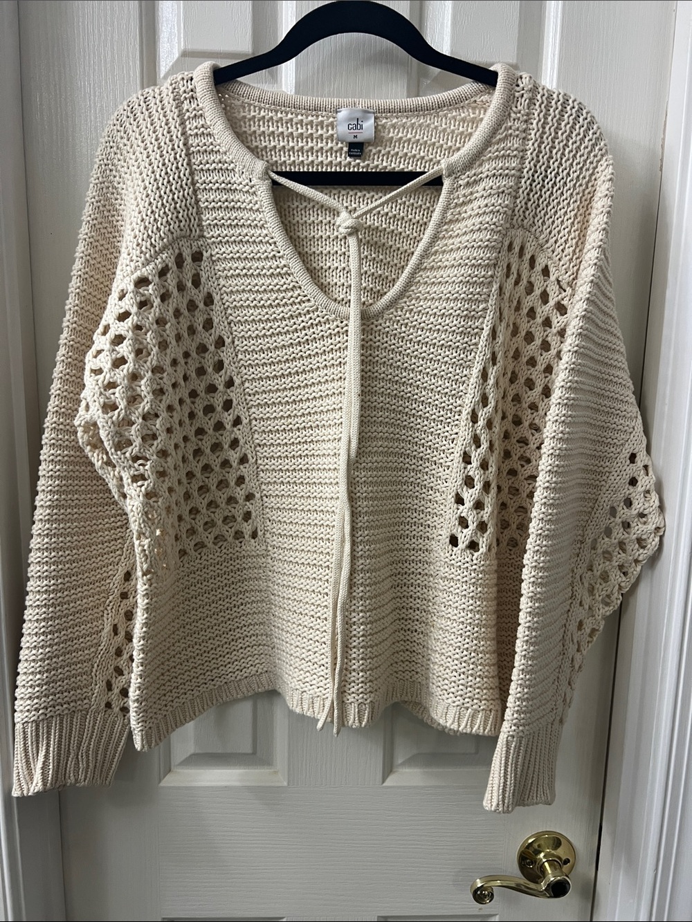 CAbi Cream Open-Weave Tie-Front V-Neck Sweater